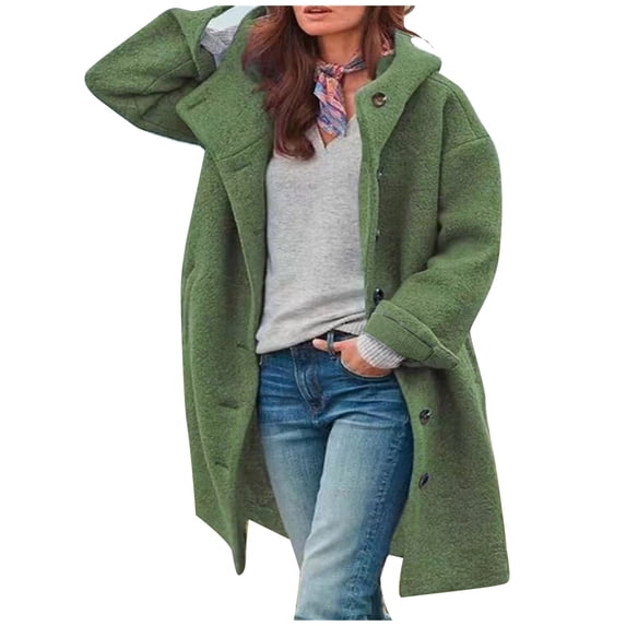 HTNBO Women Casual Fall Winter Woolen Coat Long Sleeve Solid Color Button Mid Length Hooded Coat