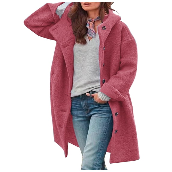 HTNBO Women Casual Fall Winter Woolen Coat Long Sleeve Solid Color Button Mid Length Hooded Coat