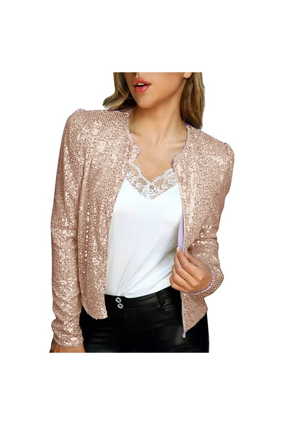 Women Casual Open Front Sequin Jackets Cardigan Glitter Long Sleeve Short Coats Crop Blazer