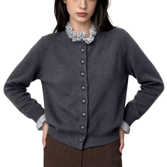 HTNBO Women Contrast Ruffle Collar Fake Two Piece Button Front Long Sleeve Soft Knit Cardigan Sweater
