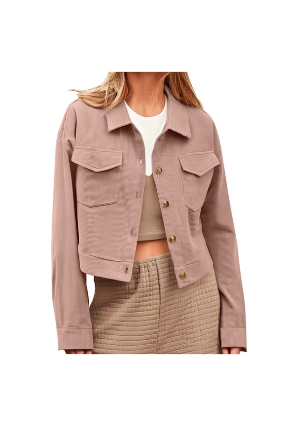 Women Corduroy Jackets Fashion Cropped Button Down Jackets Fall Circular Neck Cardigan Open Front Jacket Coat