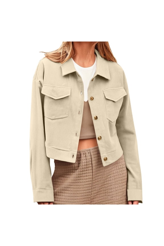 Women Corduroy Jackets Fashion Cropped Button Down Jackets Fall Circular Neck Cardigan Open Front Jacket Coat