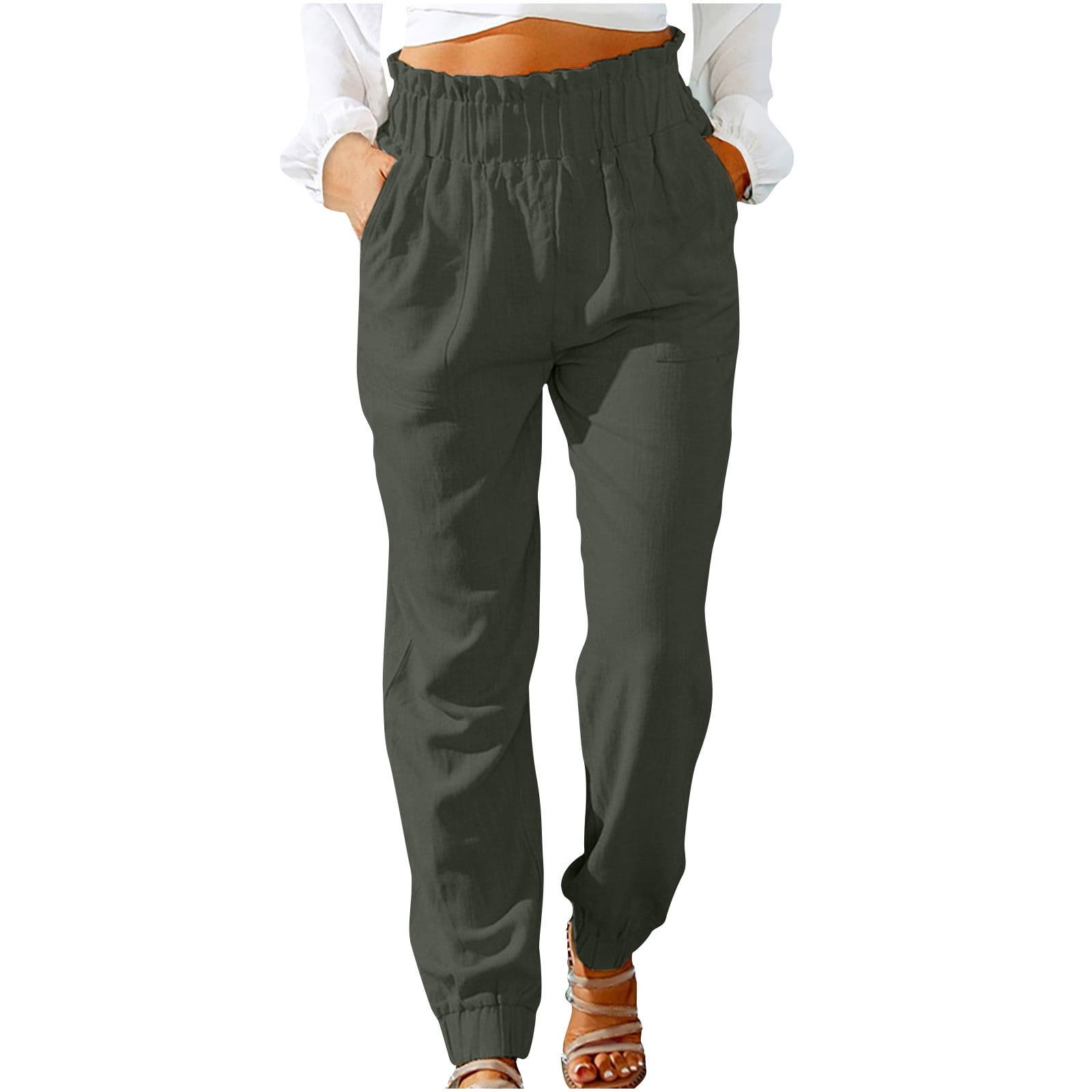 HTNBO Women Cotton Linen Lounge Pants Elastic Waist Hiking Solid Color ...