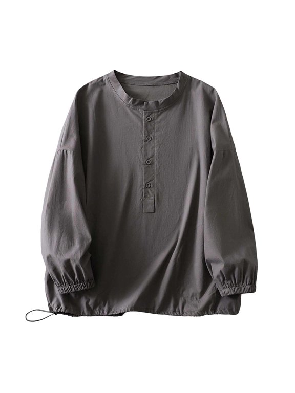 Women Crew Neck Half Placket Elastic Cuff Drawstring Hem Loose Casual Long Sleeve Cotton Blouse Top