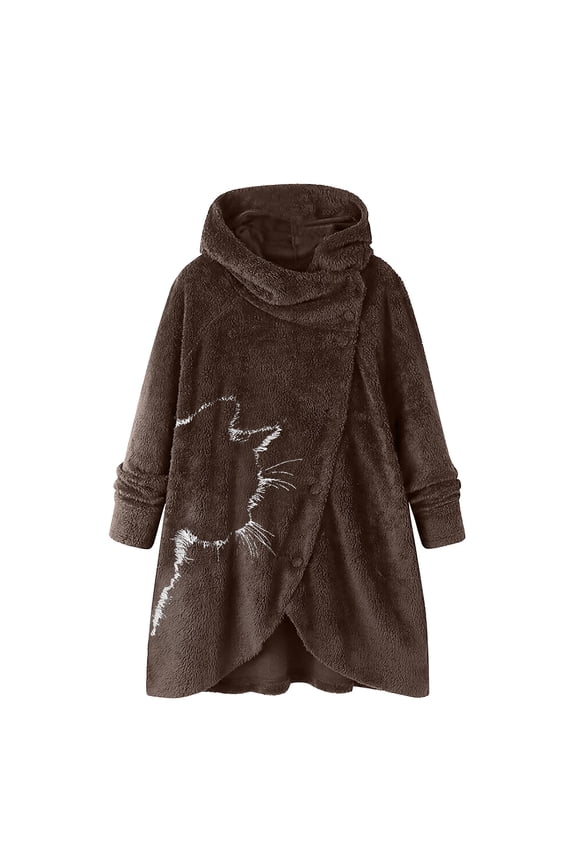 Women Cute Cat Printed Button Plush Coats Hooded Loose Fitted Winter Coat