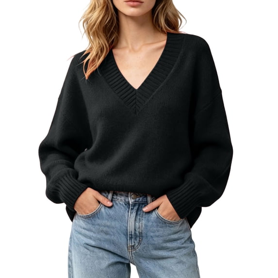 HTNBO Women Deep V Neck Ribbed Trim Drop Shoulder Oversized Long Sleeve Soft Knit Pullover Sweater