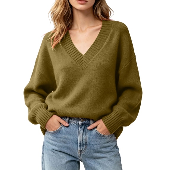 HTNBO Women Deep V Neck Ribbed Trim Drop Shoulder Oversized Long Sleeve Soft Knit Pullover Sweater