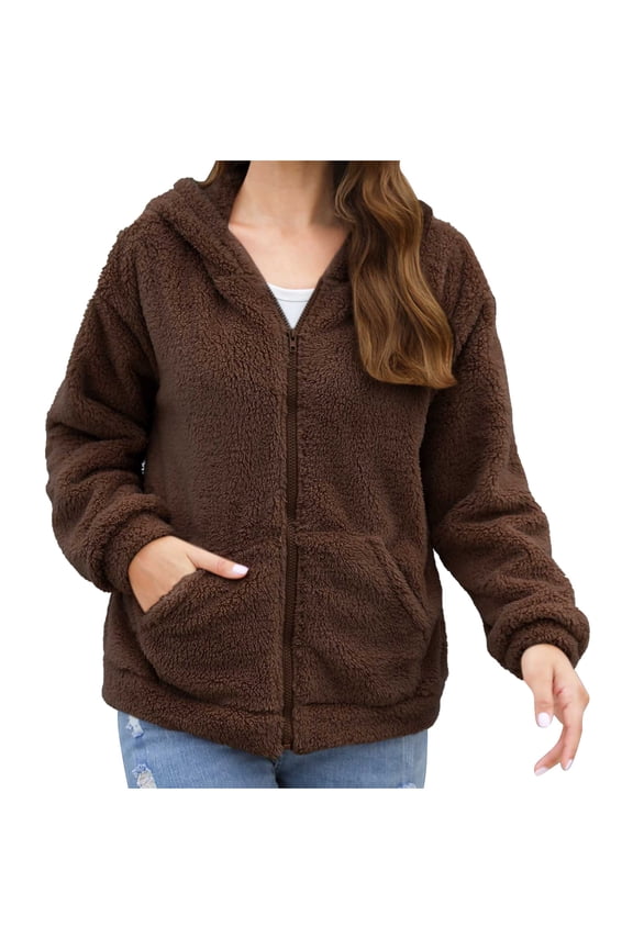 Women Faux Fur Fleece Jacket Casual Long Sleeve Full Zipper Hoodies Soft Comfy Relaxed Warm Teddy Coats