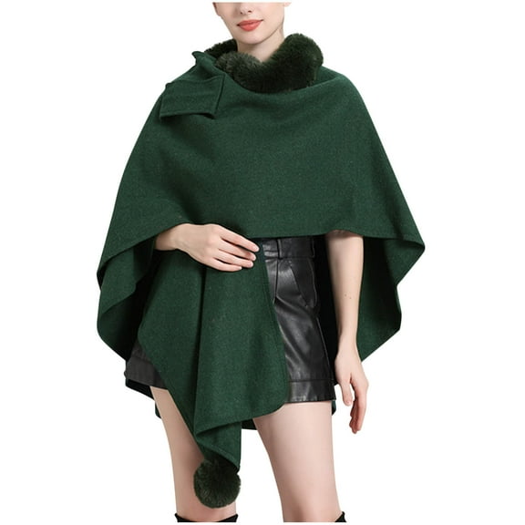 HTNBO Women Faux Fur Shawl Wrap Poncho Oversized Cloak Batwing Sleeve Cardigan Coat for Fall Winter