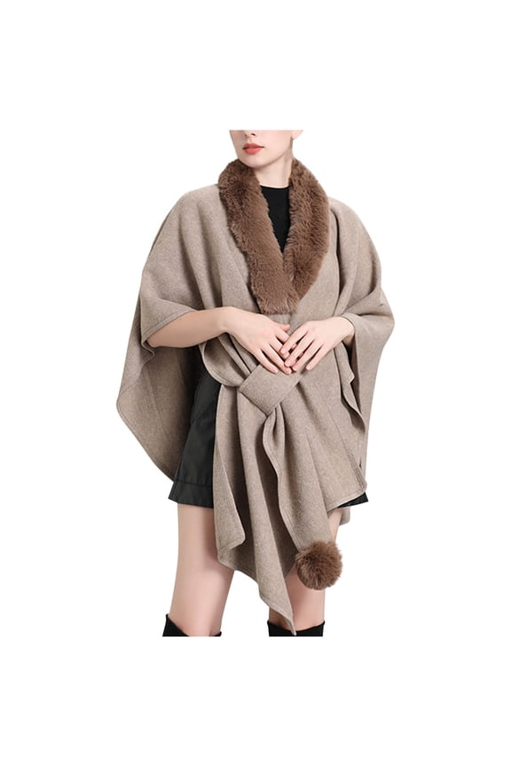 Women Faux Fur Shawl Wrap Poncho Oversized Cloak Batwing Sleeve Cardigan Coat for Fall Winter