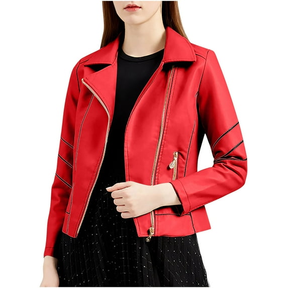 HTNBO Women Faux Leather Bomber Jackets Full Zip Lapel Vintage Casual Moto Crop Coat Loose Long Sleeve Outerwear