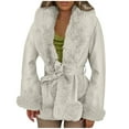 thumbnail image 1 of HTNBO Women Faux Leather Open Front Jacket with Faux Fur Winter Long Sleeve Furry Trim Peplum Parka Coat with Belt, 1 of 4