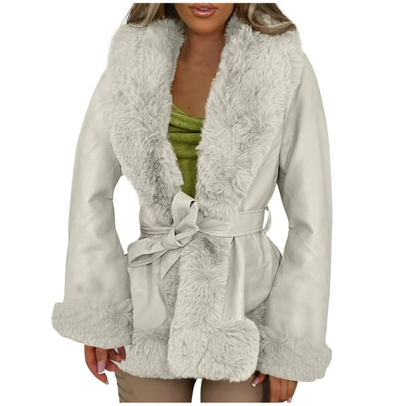 HTNBO Women Faux Leather Open Front Jacket with Faux Fur Winter Long Sleeve Furry Trim Peplum Parka Coat with Belt