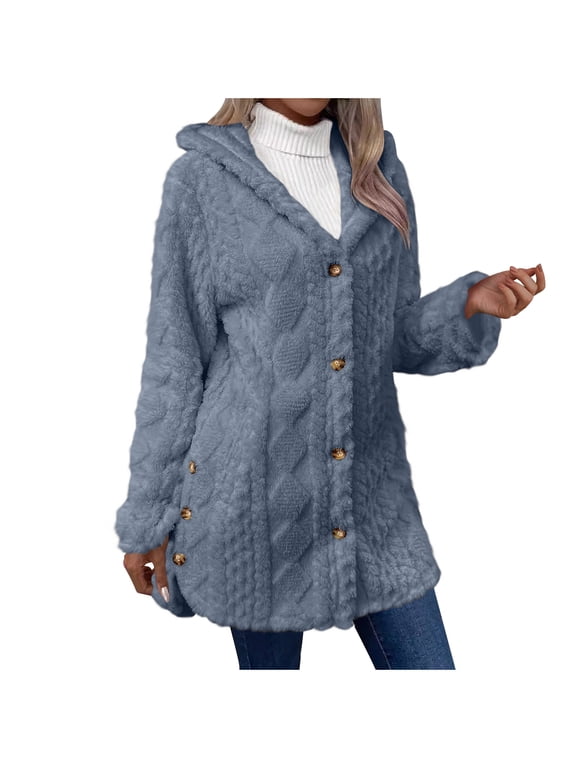 Women Fleece Jacket Coat Button Up Sherpa Jacket with Hood Side Split Open Front Cardigan Coat Warm Winter Coats