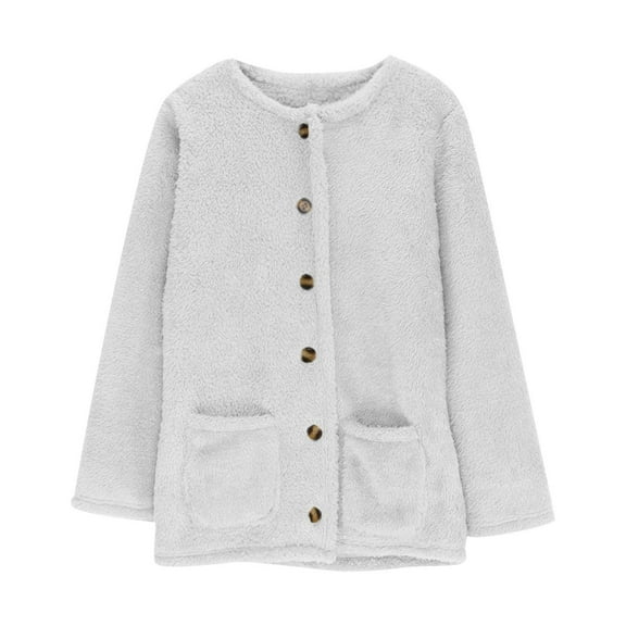HTNBO Women Fuzzy Fleece Jacket Pajama Tops Button Down Sleepwear Long Sleeve Plush Warm Winter Coat with Pockets