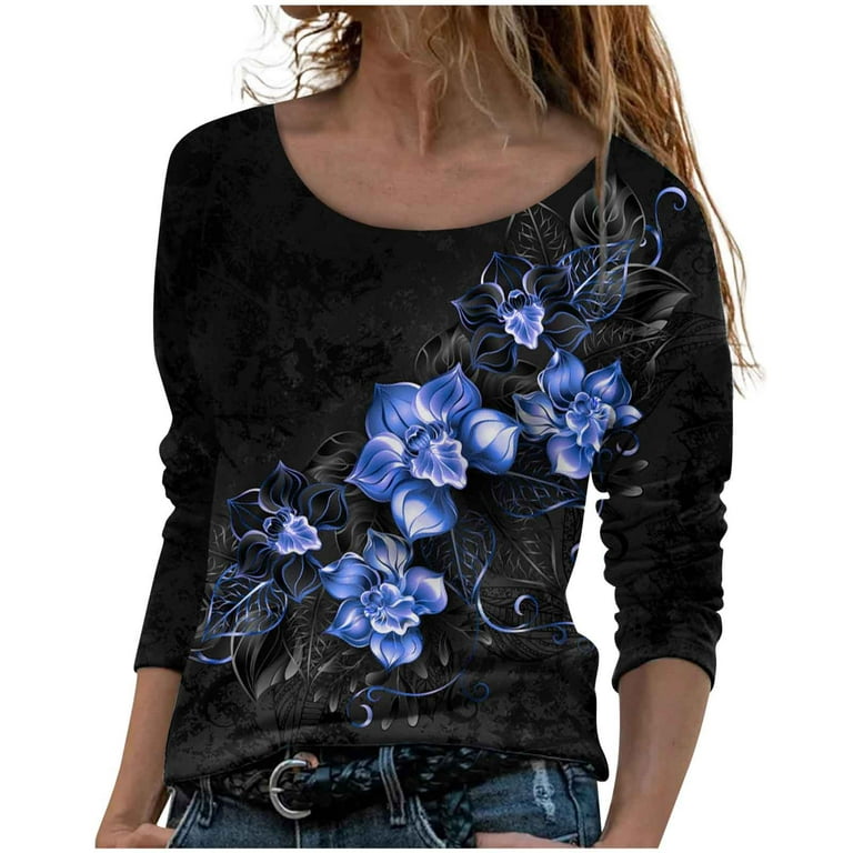 HTNBO Women Graphic Shirt Crew Neck Holiday Going out Long Sleeve Casual  Winter Fall Tops Winter Fashion Purple
