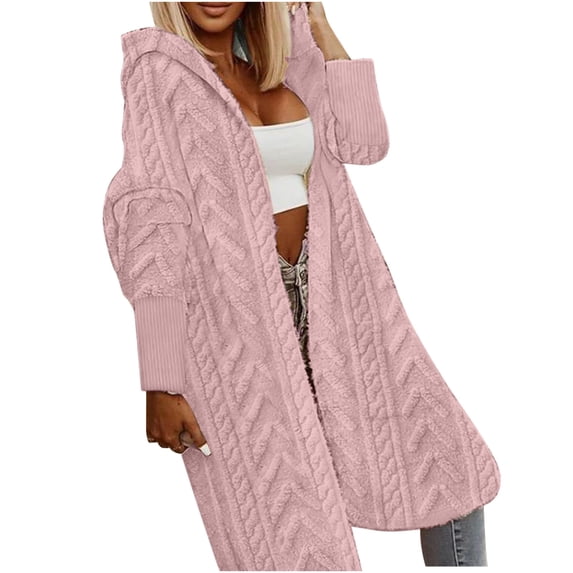 HTNBO Women Hooded Open Front Cardigan Cable Knit Sweaters Solid Color Chunky Long Sweater Coats