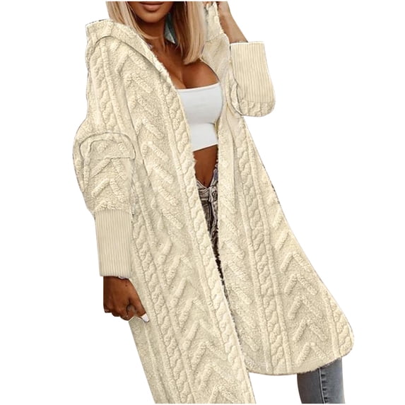 HTNBO Women Hooded Open Front Cardigan Cable Knit Sweaters Solid Color Chunky Long Sweater Coats