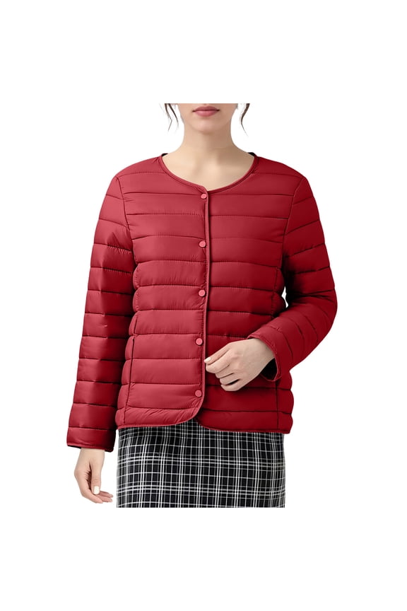 Women Lightweight Down Jacket Packable Collarless Button Down Quilted Short Puffer Parka Coats Outerwear Pocket
