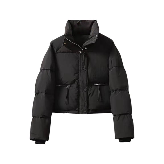 HTNBO Women Lightweight Full-Zip Puffer Jacket Cropped Quilted Winter Coat Warm Thicken Cotton Outerwear Pocket
