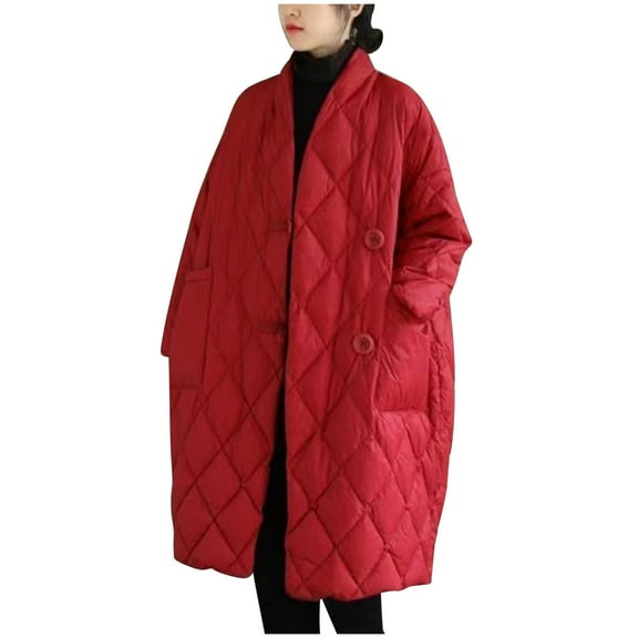 HTNBO Women Long Baggy Winter Puffer Coats Collarless Cotton-Padded Jacket Button Long Sleev Warm Quilted Outerwear