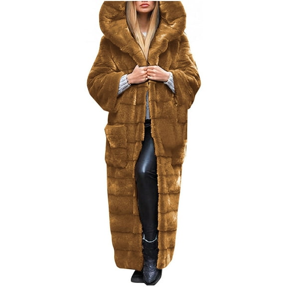 HTNBO Women Long Faux Fur Coat Winter Fuzzy Faux Fur Jacket Fashion Thermal Loose Oversized Overcoat Hooded Tunic Tops