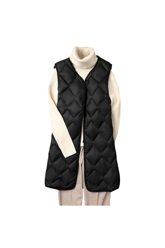 Women Long Quilted Puffer Vest Lightweight Round Neck Sleeveless Button Down Padded Duck Down Vests