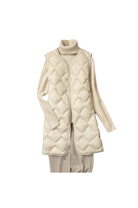 Women Long Quilted Puffer Vest Lightweight Round Neck Sleeveless Button Down Padded Duck Down Vests