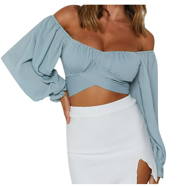 HTNBO Women Long Sleeve Cropped Tops Going out Casual Fall Off Shoulder