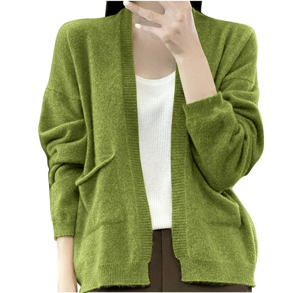 HTNBO Women Long Sleeve Knitted Sweater Cardigan Soft Feel Solid Color Spring Fall Cardigan Open Front Sweater