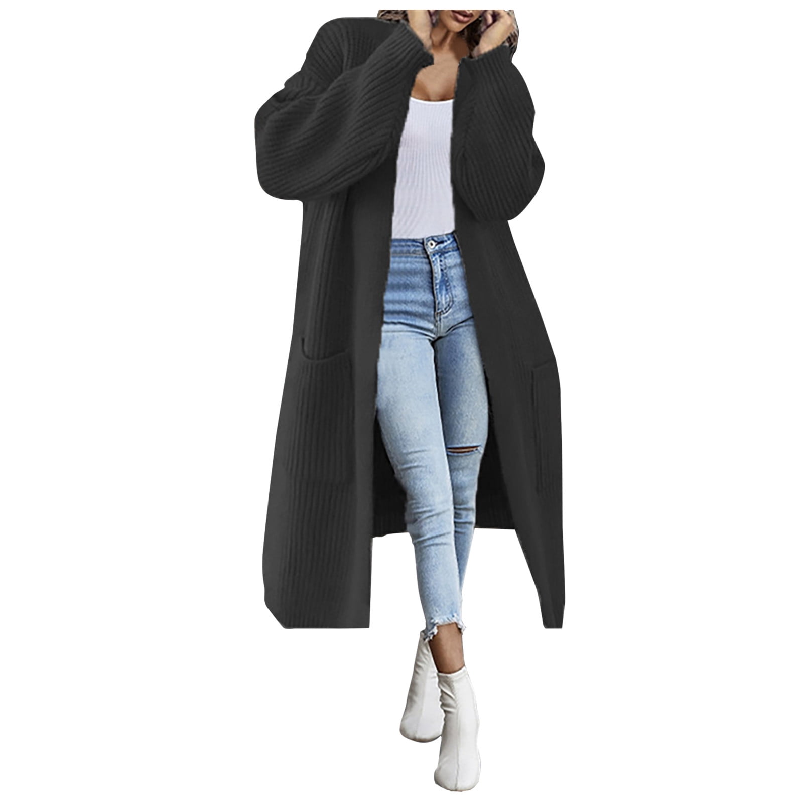 HTNBO Women Long Sweater Cardigan Coat Casual Fall Winter Solid Color Knitted Long Sleeve