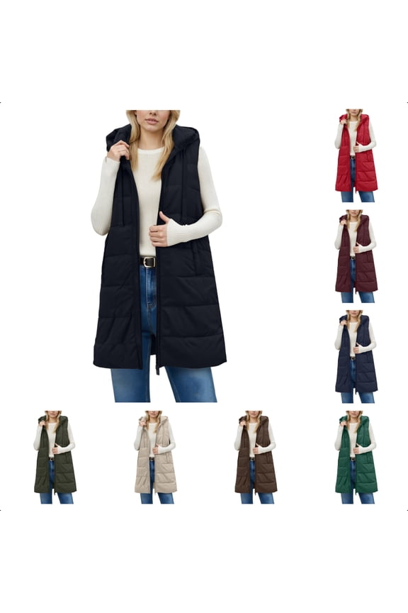 Long Puffer Vest Women Sleeveless Quilted Hooded Fall Winter Button Down Zip Up Puffer Vests Jacket Outwear