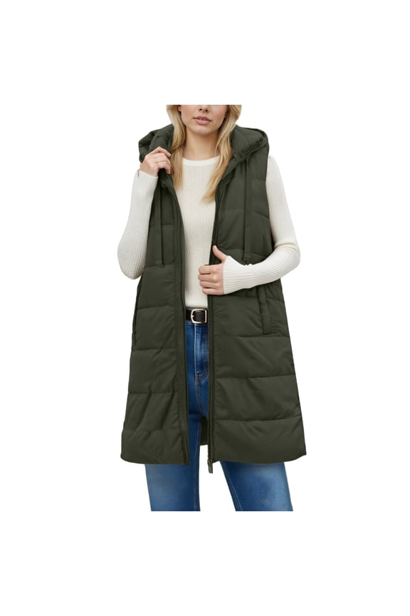 Long Puffer Vest Women Oversized Quilted Hooded Jacket Lightweight Down Vests Sleeveless Winter Coat with Pockets