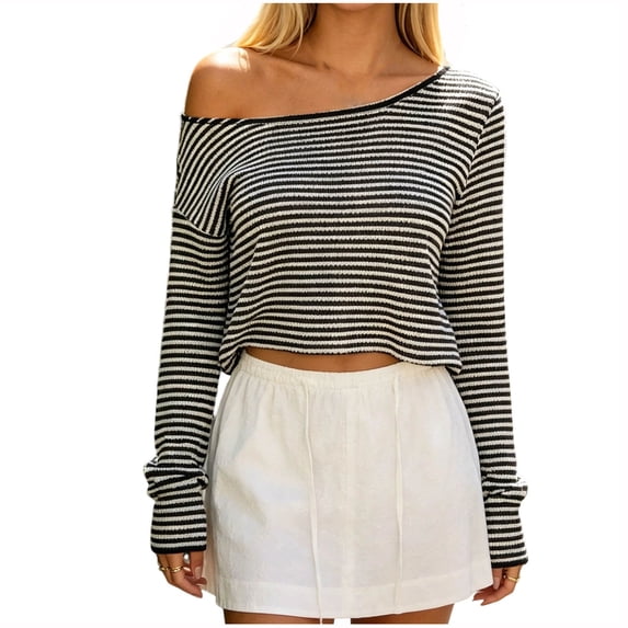 HTNBO Women One Shoulder Striped Long Sleeve Top Fall Going Out Tee Going Out Top Loose Fit Shirts