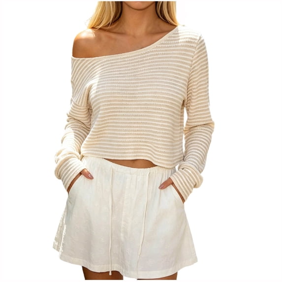 HTNBO Women One Shoulder Striped Long Sleeve Top Fall Going Out Tee Going Out Top Loose Fit Shirts