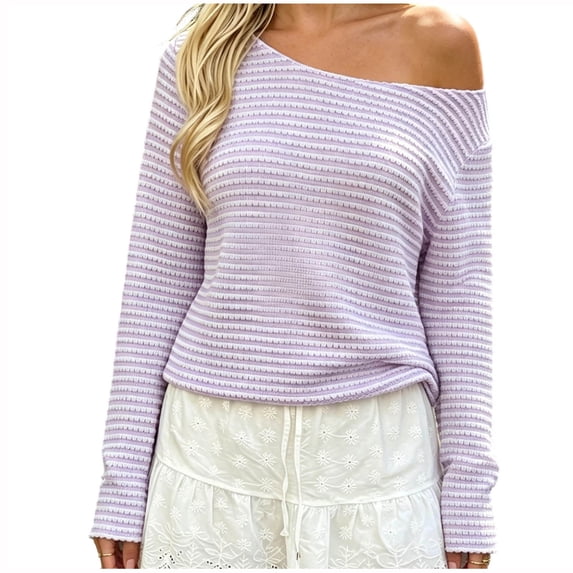 HTNBO Women One Shoulder Striped Long Sleeve Top Fall Going Out Tee Going Out Top Loose Fit Shirts