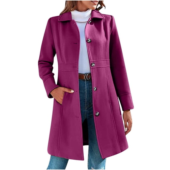 HTNBO Women Pea Coat Casual Thicken Wool Blend Elegant Long Sleeve Lapel Single Breast Midi Long Trench Coats with Pocket