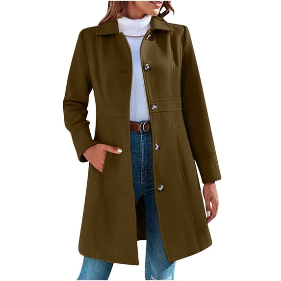 HTNBO Women Pea Coat Casual Thicken Wool Blend Elegant Long Sleeve Lapel Single Breast Midi Long Trench Coats with Pocket