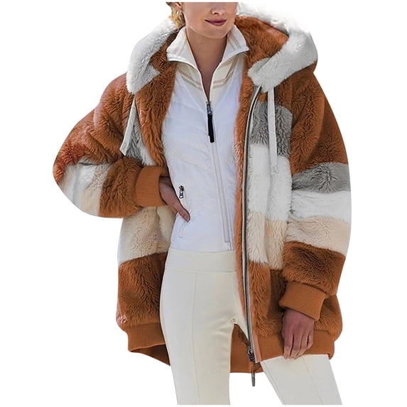 HTNBO Women Plus Size Winter Warm Loose Plush Zip Hooded Jacket Coat Coffee 5XL