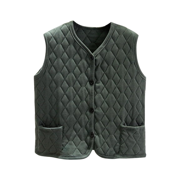 HTNBO Women Quilted Vest V Neck Fleece Puffer Vest Slim Fit Button Down Padded Gilet Sleeveless Outerwear Coat with Pocket
