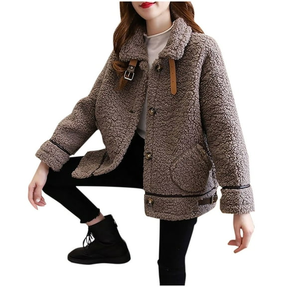 HTNBO Women'S Slim Fit Wool Coat Loose Autumn And Winter Fleece Warm Top Cardigan Jacket