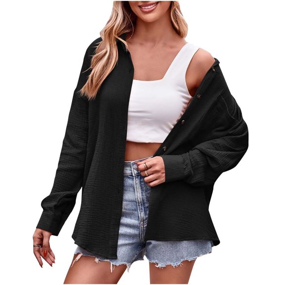 HTNBO Women Slouchy Lightweight Long Sleeve Button Down Shirt Gauze Top Collared Shirt with Pocket