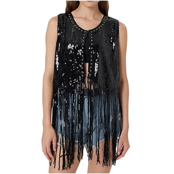 HTNBO Women Sparkly Fringe Vest Long Glitter Tassel Cardigan Tops Sleeveless Open Front Blazer Vest Sequin Jacket