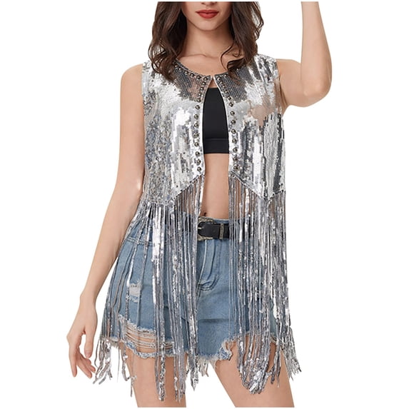 HTNBO Women Sparkly Fringe Vest Long Glitter Tassel Cardigan Tops Sleeveless Open Front Blazer Vest Sequin Jacket