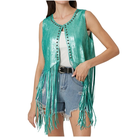 HTNBO Women Sparkly Fringe Vest Long Glitter Tassel Cardigan Tops Sleeveless Open Front Blazer Vest Sequin Jacket