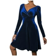 HTNBO Women Velvet Corset Dresses Party Cocktail Long Sleeve V Neck Wedding Guest Flowy Mini Dress