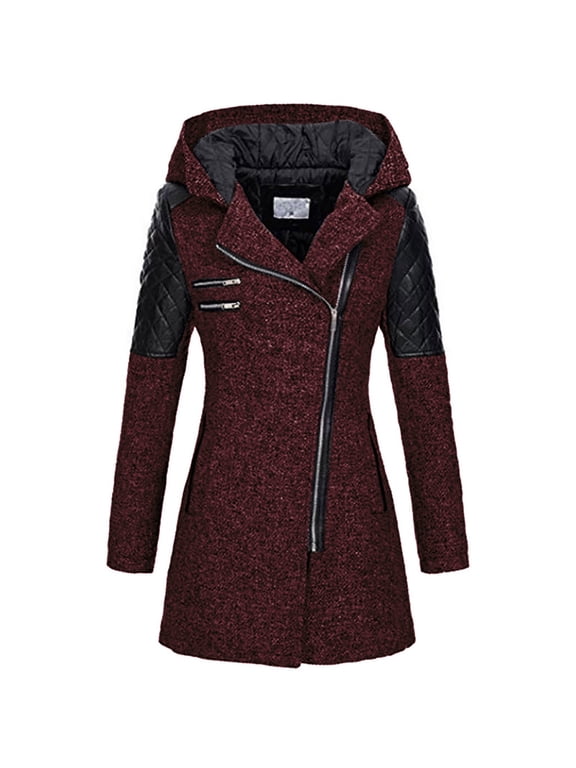 Women Wool Pea Coat Long Sleeve Hooded Dresses Long Winter Warm Thick Wool Trench Jacket Outwear