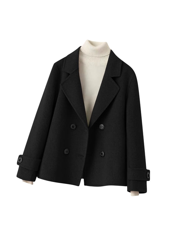 Women Woolen Coats Notch Neck Long Sleeve Double Breasted Pea Coat Slim Casual Jacket