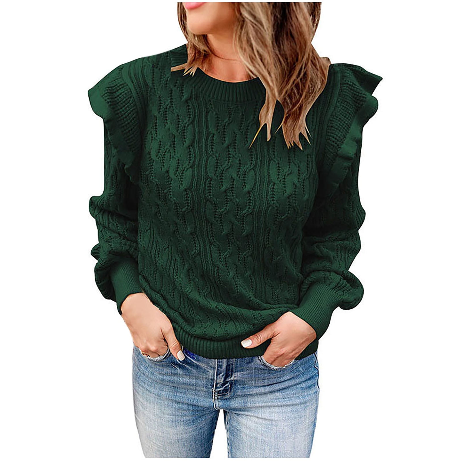 Htnbo Womens 2023 Crewneck Flutter Long Sleeve Knit Sweaters Fall