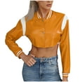 thumbnail image 1 of HTNBO Women's Bomber Jackets Leather Button Casual Cropped Baseball Jacket Fashion Motorcycle Jacket Short Varsity Outwear, 1 of 7
